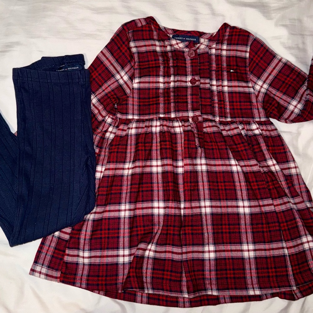 Tommy Hilfiger Red Plaid Dress with Navy Pants